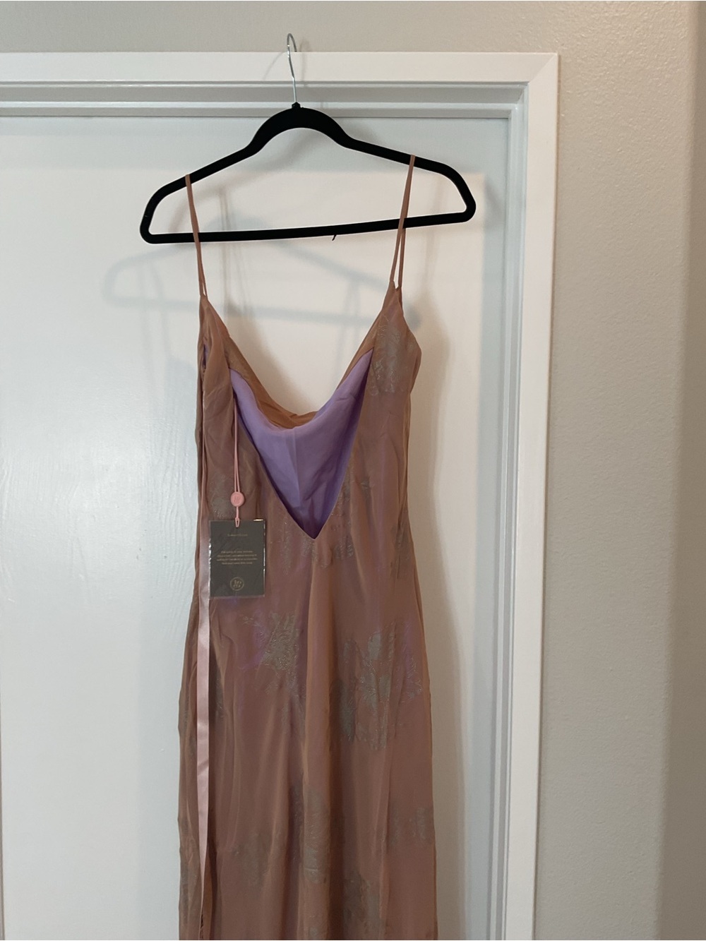 House of CB Nude Iridescent  Maxi  with Subtle Lavender Sheen Homecoming Dress - Picture 3 of 5